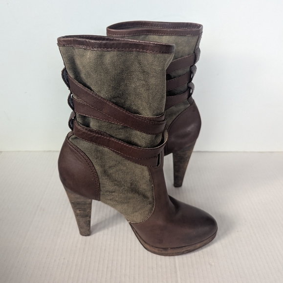 Frye Harlow Multi Strappy Harness BrownbTan Heeled Leather Canvas Boots 10 M - Picture 5 of 12